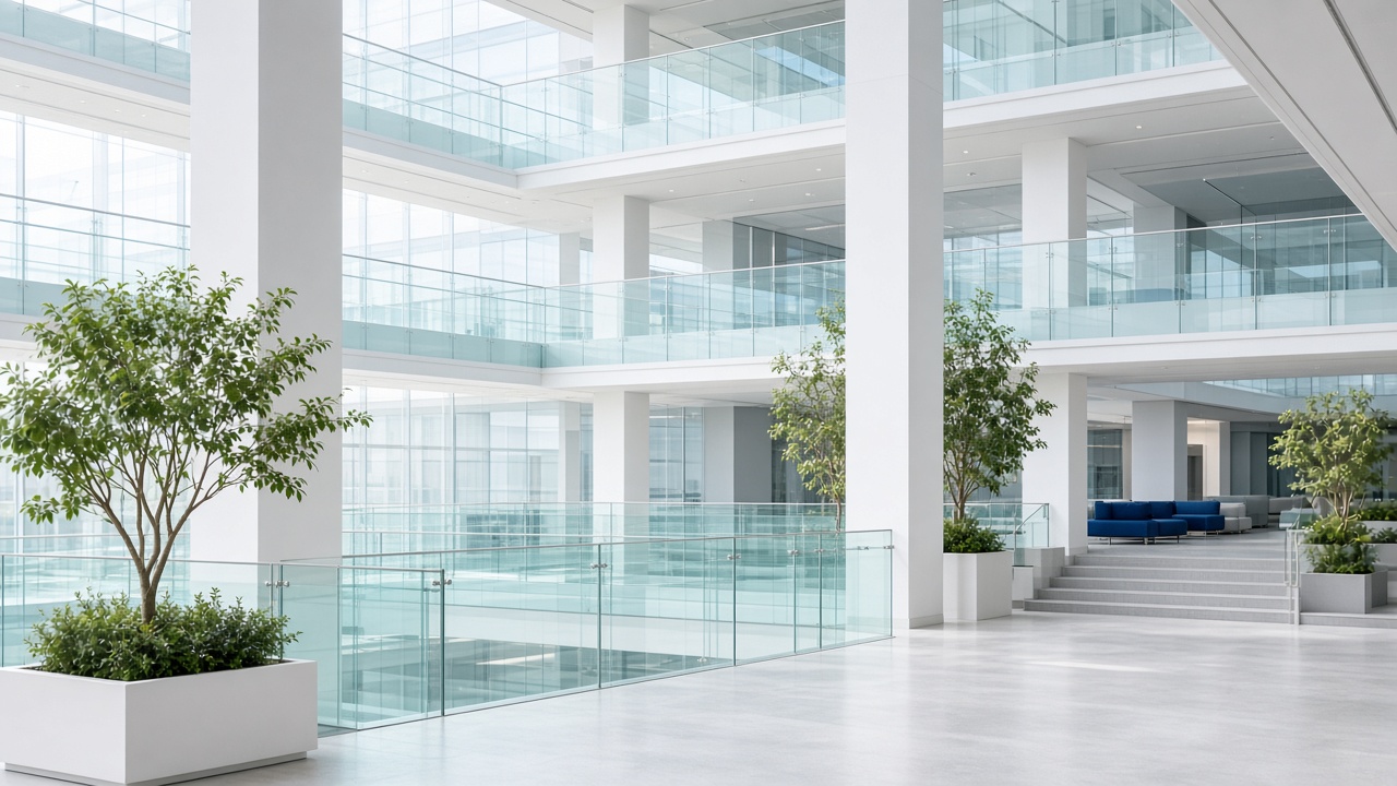 Modern UK campus atrium with soft daylight and cobalt accents