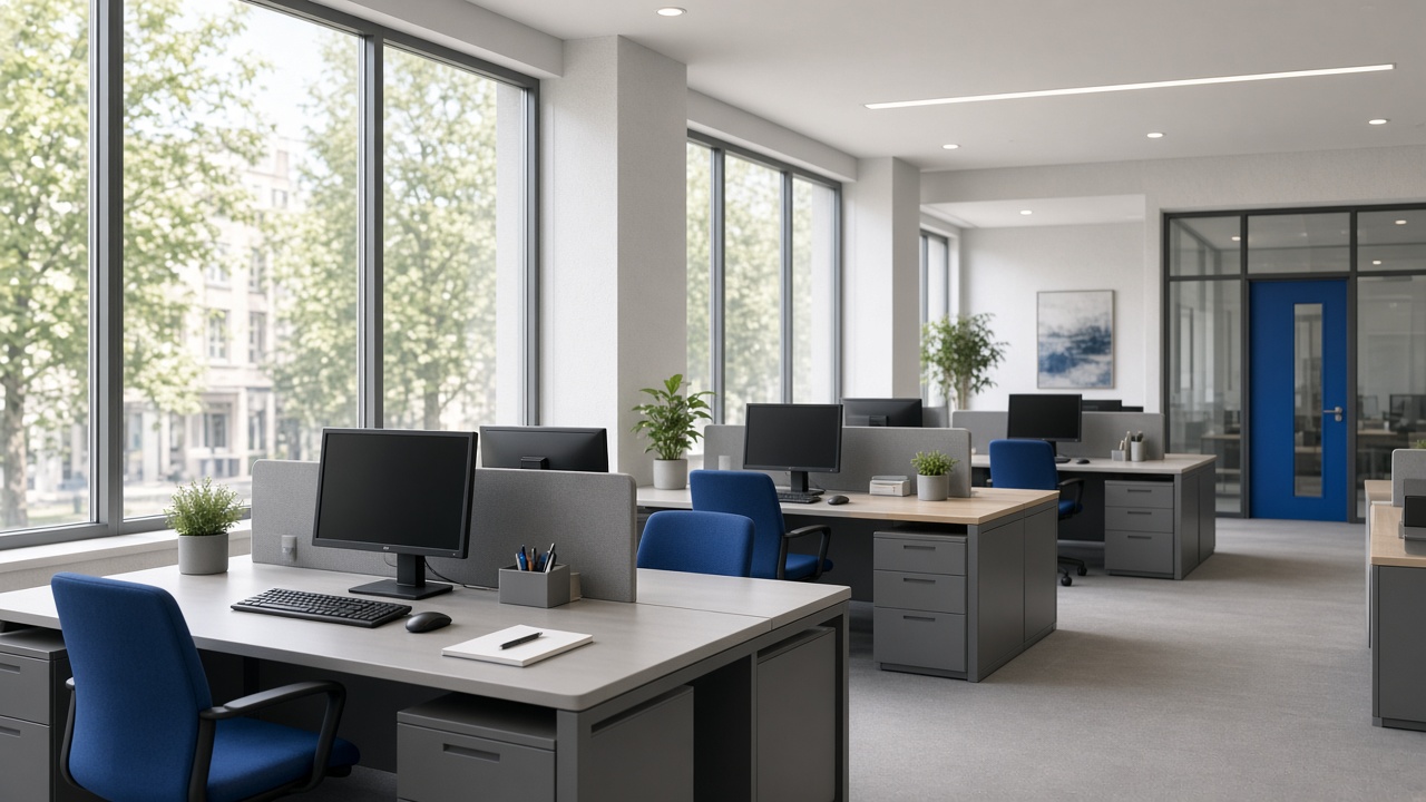 Bright modern UK council open-plan office with cobalt seating