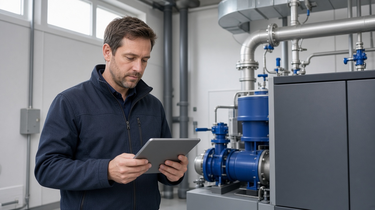Facilities engineer checking plant equipment on a tablet