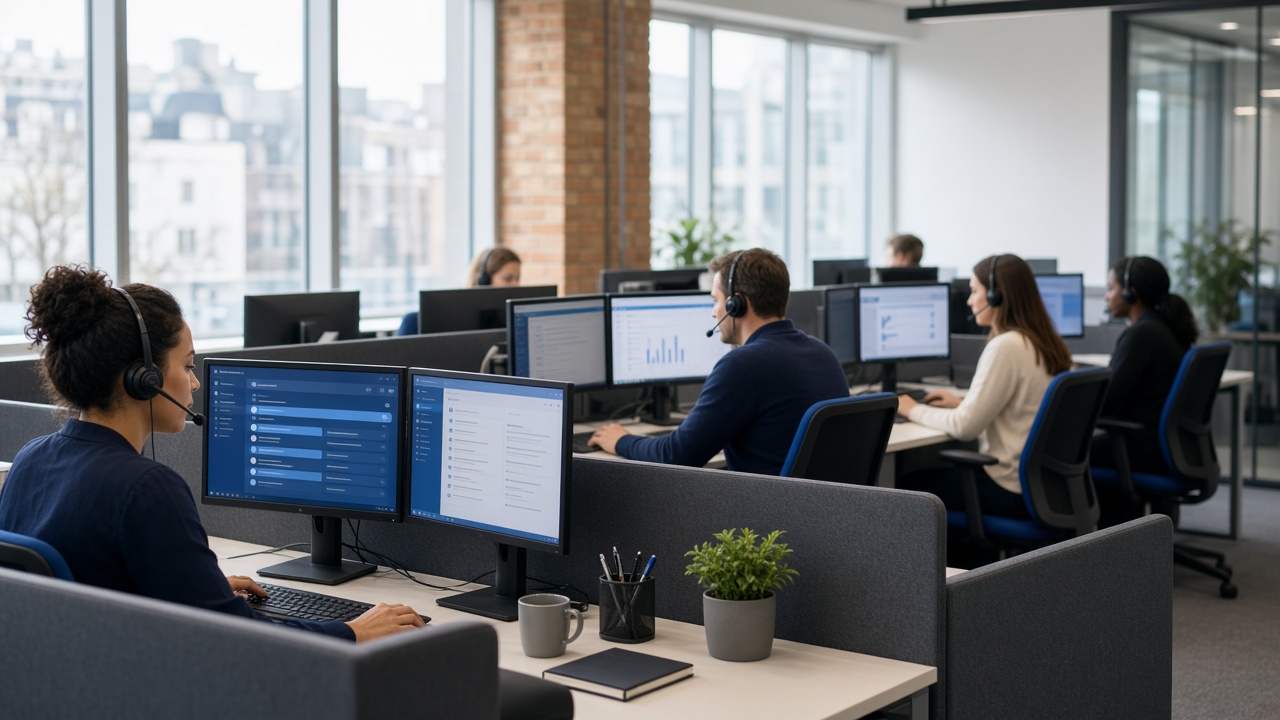 UK estate service desk floor with agents on headsets and dual monitors