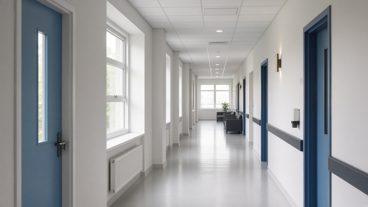 Quiet hospital corridor in a UK healthcare estate