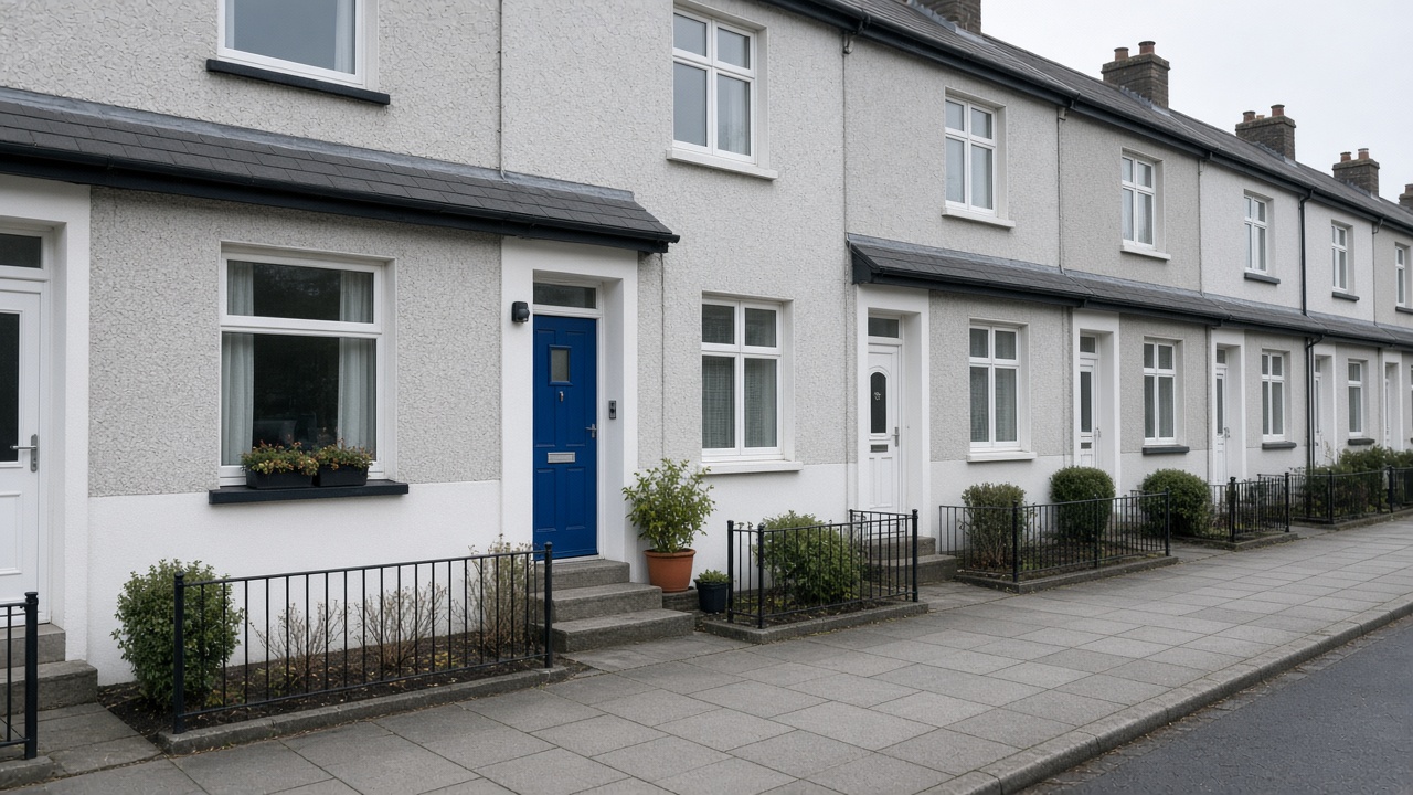 Quiet UK terraced housing street with a cobalt door accent