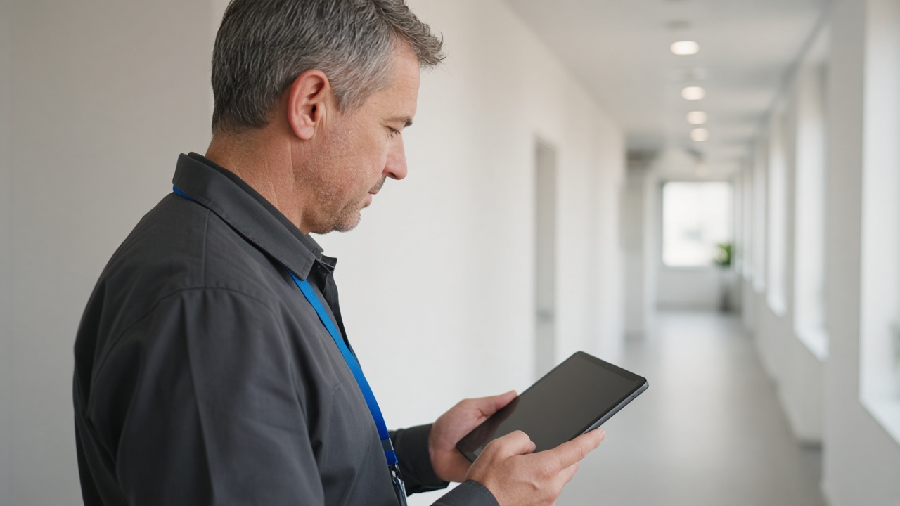 Facilities professional reviewing work on a tablet in a bright corridor