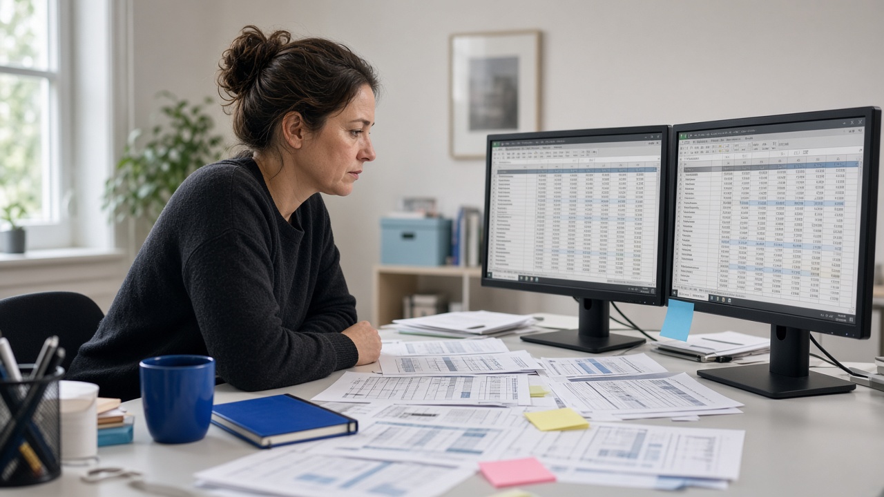 Estate coordinator working through dense spreadsheets at a cluttered desk