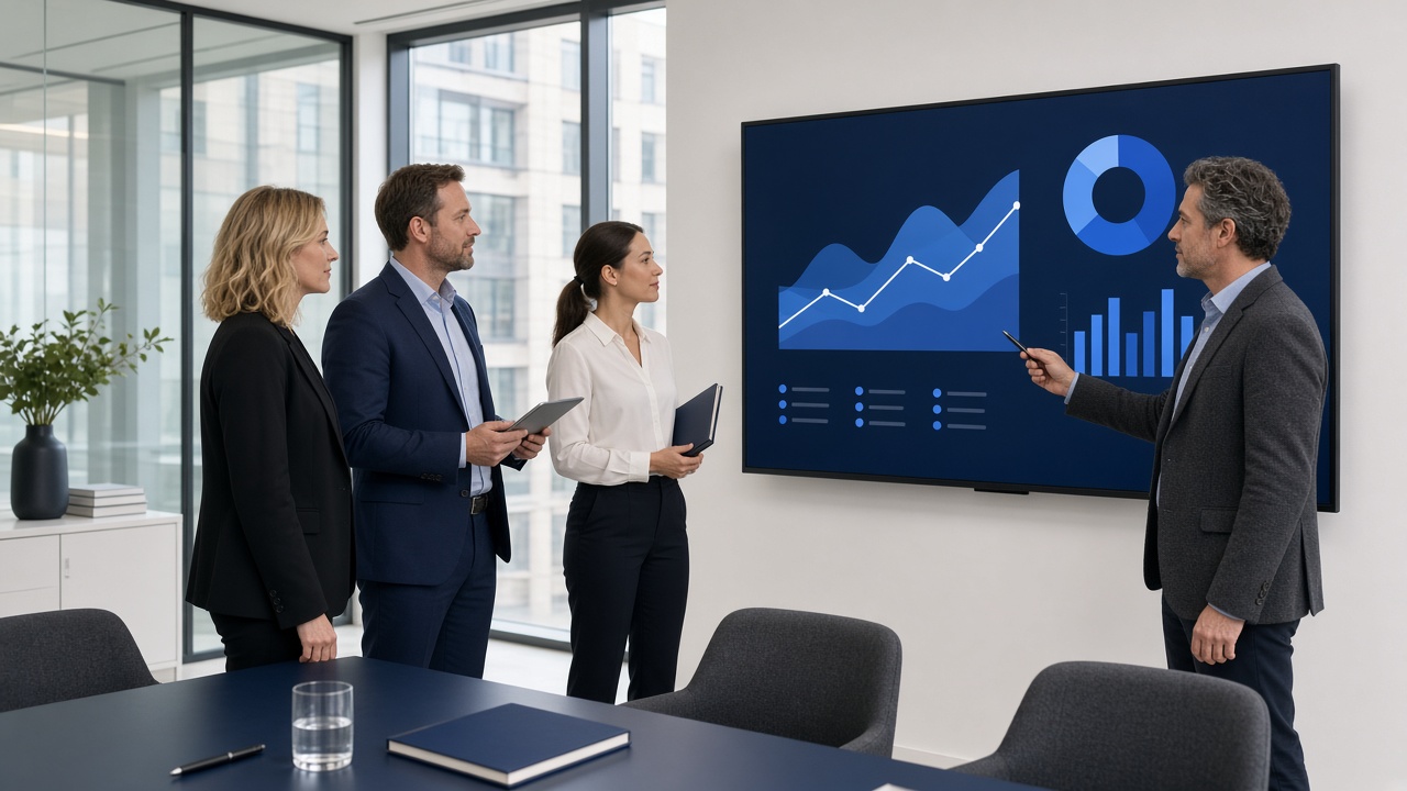 Team reviewing estate dashboards on a wall screen in a bright meeting room