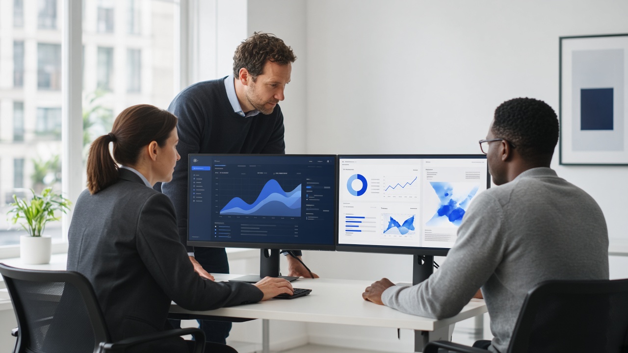 Operations team collaborating at dual monitors with estate dashboards