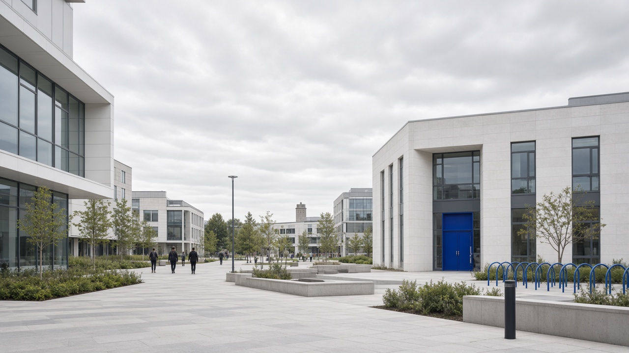 Modern UK university campus plaza with soft daylight and cobalt accents