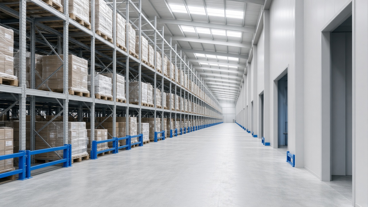 Clean warehouse aisle with cobalt safety rails