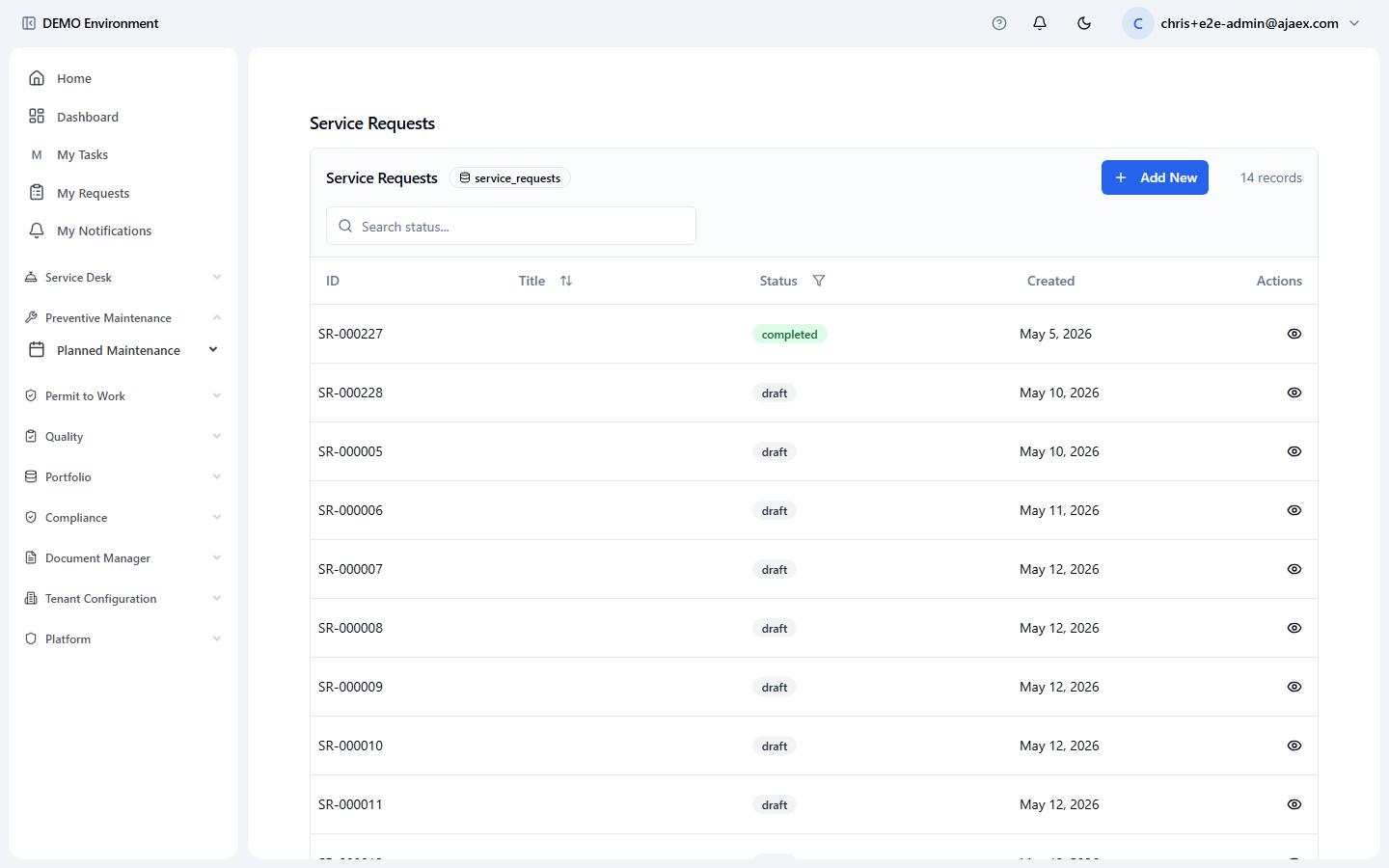 AJAEX service desk queue showing estate requests in one list