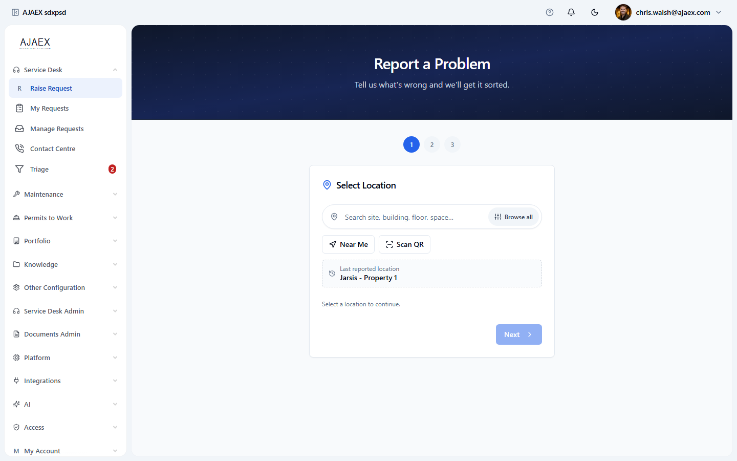 AJAEX self-service: Report a Problem, a guided request with a location step and Near Me / Scan QR options